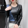 2020 Autumn Winter Long Sleeve Women's Blouse Patchwork Colors Plus Size Shirt Women Elastic Warm Velvet PU Leather Female Tops|Blouses & Shirts|