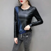 2020 Autumn Winter Long Sleeve Women's Blouse Patchwork Colors Plus Size Shirt Women Elastic Warm Velvet PU Leather Female Tops|Blouses & Shirts|