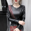 2020 Autumn Winter Long Sleeve Women's Blouse Patchwork Colors Plus Size Shirt Women Elastic Warm Velvet PU Leather Female Tops|Blouses & Shirts|