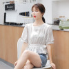 Korean Sweet Ruffle Hem Blouse Women Crop Top Vintage Puff Sleeve Cute Womens Tops and Blouses Lace Hollow Summer Bandage Shirts|Blouses & Shirts|