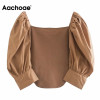 Aachoae Stylish Patchwork Knitted Blouse Women Vintage Puff Sleeve Short Blouses Shirts Ladies V Neck Chic Tops Blusas Mujer|Blouses & Shirts|