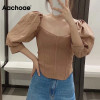 Aachoae Stylish Patchwork Knitted Blouse Women Vintage Puff Sleeve Short Blouses Shirts Ladies V Neck Chic Tops Blusas Mujer|Blouses & Shirts|