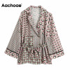Aachoae Women Geometric Print Blouse With Belt Notched Collar Stylish Shirt Female Batwing Long Sleeve Loose Ladies Tops Tunic|Blouses & Shirts|