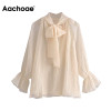 Aachoae 2020 Polka Dot Chiffon Blouse Women Fashion See Through Long Sleeve Shirts Elegant Bow Tie Collar Office Wear Tops|Blouses & Shirts|