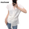 Aachoae Women Chic Twist Front Solid Blouse V Neck Batwing Short Sleeve Loose Shirt Asymmetrical Office Wear Tops Summer Blusas|Blouses & Shirts|