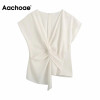 Aachoae Women Chic Twist Front Solid Blouse V Neck Batwing Short Sleeve Loose Shirt Asymmetrical Office Wear Tops Summer Blusas|Blouses & Shirts|