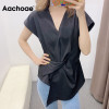 Aachoae Women Chic Twist Front Solid Blouse V Neck Batwing Short Sleeve Loose Shirt Asymmetrical Office Wear Tops Summer Blusas|Blouses & Shirts|