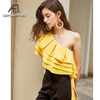 AEL summer women's blouse new 2020 multi storey Ruffle one shoulder fly sleeve lady Crop top yellow and black|Blouse|