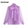Aachoae Summer Bow Tie Organza Lace Blouse Women Streetwear Long Sleeve See Through Shirt Ladies Casual Tops Blusas Femininas|Blouses & Shirts|