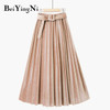 Beiyingni Autumn Winter Skirt Women With Belt Long Metallic Silver Maxi Pleated Skirt Midi High Waist Fashion Vintage Saia Party|Skirts|
