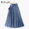 Beiyingni Autumn Winter Skirt Women With Belt Long Metallic Silver Maxi Pleated Skirt Midi High Waist Fashion Vintage Saia Party|Skirts|