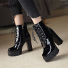 Gdgydh 2020 Thick High Heeled Female Patent Leather Ankle Boots Round Toe Lace up Zipper Women Short Boots Gothic Women Shoes|Ankle Boots|