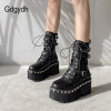 Gdgydh 2021 Spring Lace Up Motorcycle Boots For Women Round Toe Thick Platform High Heels Female Ankle Boots Gothic Style Shoes|Ankle Boots|