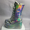 Women's wedge heel ankle boots, 12.5cm shiny vamp heels, thick soled model high heel stage zipper opening ankle boots|Ankle Boots|