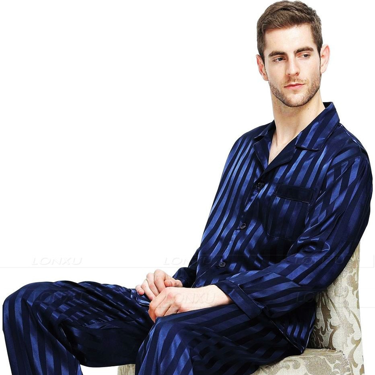 Summer Mens Silk Satin Pajamas Set Pajama Pyjamas Sleepwear Set Plus Striped Black Summer Mens Silk Satin Pajamas Set Pajama Pyjamas Sleepwear Set Plus Striped Black
