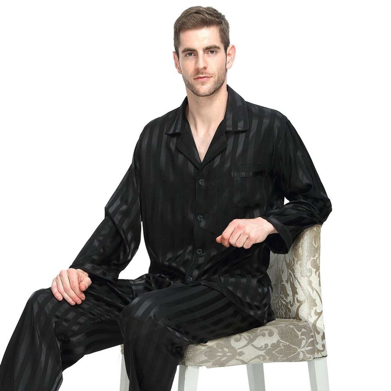 Summer Mens Silk Satin Pajamas Set Pajama Pyjamas Sleepwear Set Plus Striped Black Summer Mens Silk Satin Pajamas Set Pajama Pyjamas Sleepwear Set Plus Striped Black