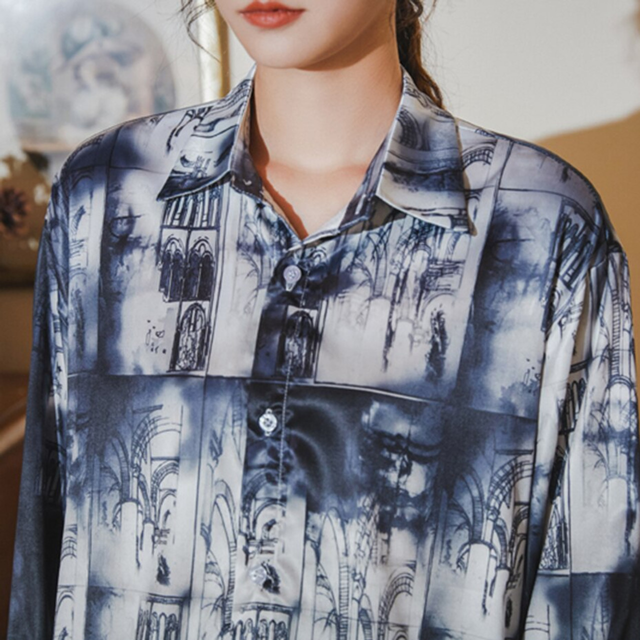 Ink Printed Blouse Vintage Graffiti Long Sleeve Loose Retro Tops Shirts Female Plus Size Blusa Mujer Chinese Blouse|Blouses & Shirts| - estockyard