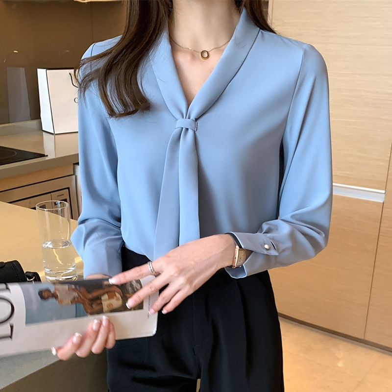 Blue Chiffon Blouse Shirt Elegant 