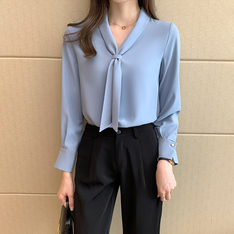 Blue Chiffon Blouse Shirt Elegant 