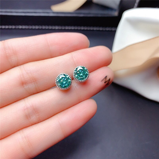 Blue Green Moissanite Jewelry Set 1CT 6.5MM VVS Lab Diamond Earring Ring Necklace Girl Anniversary Gift Real 925 Sterling Silver|Jewelry Sets|