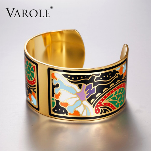 VAROLE Fashion Wide Bracelet Bangle Color Design Pattern Opening Bracelet for Women Mother Enamel Gold Bracelets Jonc Pulseras|open bracelets for women|open braceletwide bracelet