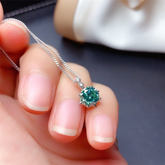 LeeChee Blue Green Moissanite Pendant 1CT 6.5MM VVS Lab Diamone With Certificate Engagement Necklace Real 925 Sterling Silver|Pendants|