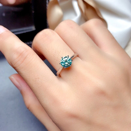 Blue Green Moissanite Ring 1CT 6.5MM VVS Lab Diamond Tested Passed Fashion Jewelry with Certificate Real 925 Sterling Silver|Rings|