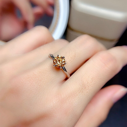 Yellow Moissanite Ring 1CT 6.5MM VVS Lab Diamond Test Passed Fine Jewelry for Women Wedding Party Gift Real 925 Sterling Silver|Rings|