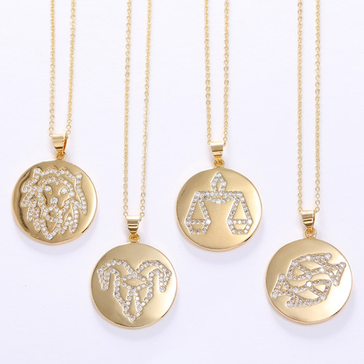 LUALA Clear Zircon C12 Zodiac Constellations Necklace Round Pendant for Women Gold Colour Chain Friendship Jewelry No Fade|Pendant Necklaces|