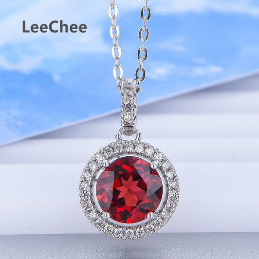 LeeChee Garnet pendant for women 7mm 100% natural wine red gemstone necklace fine jewelry daily wear real 925 Sterling Silver|Pendants|