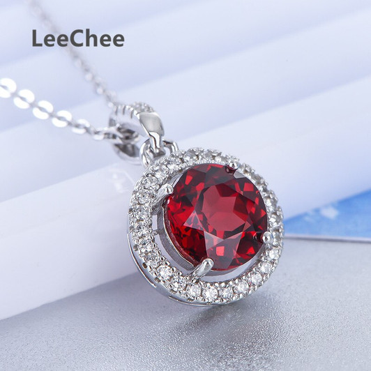 LeeChee Garnet pendant for women 7mm 100% natural wine red gemstone necklace fine jewelry daily wear real 925 Sterling Silver|Pendants|