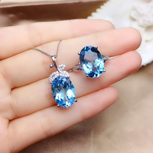 Topaz Jewelry Set Real 925 Sterling Silver Ring 10*14MM Natural Gemstone Pendant for Women Birthday Gift Necklace Fine Jewelry|Jewelry Sets|