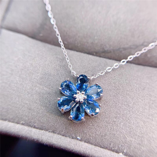 London Blue Topaz Necklace for Women Birthday Gift 4*6MM Natural Gemstone Flower Pendant Real 925 Sterling Silver Fine Jewelry|Necklaces|