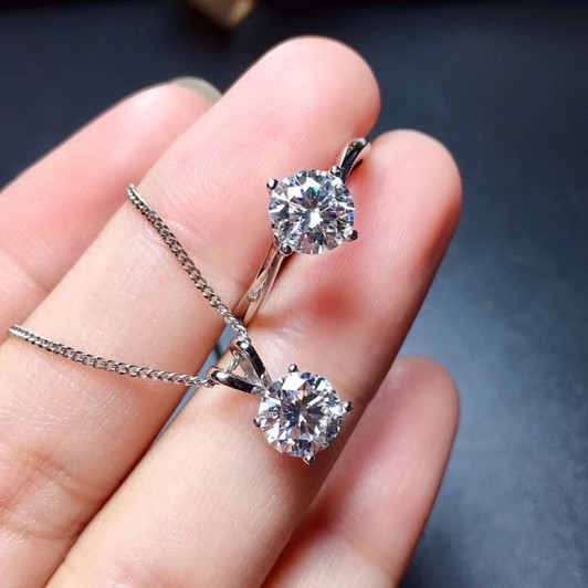 Moissanite Jewelry Set 1CT VVS Lab Diamond Ring Pendant Necklace 925 Sterling Silver for Women Wedding Party Anniversary Gift|Jewelry Sets|
