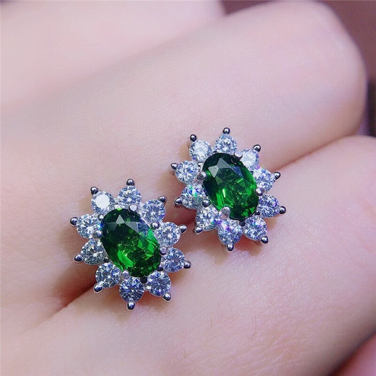 100% Natural Chrome Diopside stud earring for women daily wear 4*6mm green gemstone fine jewelry Anniversary gift 925 silver|Stud Earrings|