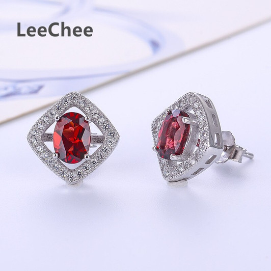 LeeChee Garnet Stud Earring for Women 5*7mm wine red natural gemstone jewelry for office lady real 925 Sterling Silver free ship|Stud Earrings|