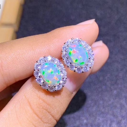 Opal Earrings Silver 925 6*8MM Oval Natural Colorful Gemstones for Women Anniversary Gift Real 925 Sterling Silver Fine Jewelry|Stud Earrings|