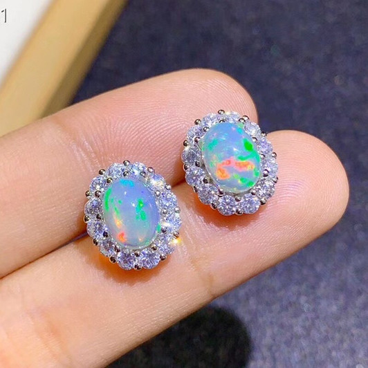 Opal Earrings Silver 925 6*8MM Oval Natural Colorful Gemstones for Women Anniversary Gift Real 925 Sterling Silver Fine Jewelry|Stud Earrings|