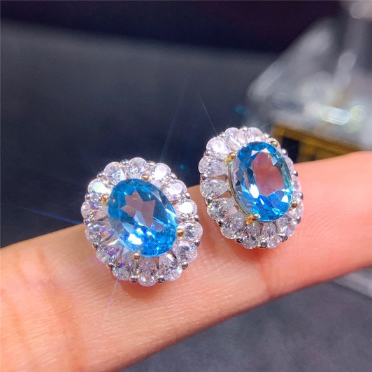 Blue Topaz Stud Earring 6*8MM Natural Gemstone Fine Jewelry for Women Birthday Gift Real 925 Sterling Silver Prevent Allergies|Stud Earrings|