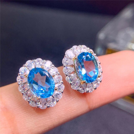 Blue Topaz Stud Earring 6*8MM Natural Gemstone Fine Jewelry for Women Birthday Gift Real 925 Sterling Silver Prevent Allergies|Stud Earrings|