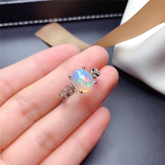 LeeChee Genuine Opal Ring for Women Anniversary Gift 8*10MM White Opal Gemstone Colorful Fine Jewelry Real 925 Sterling Silver|Rings|