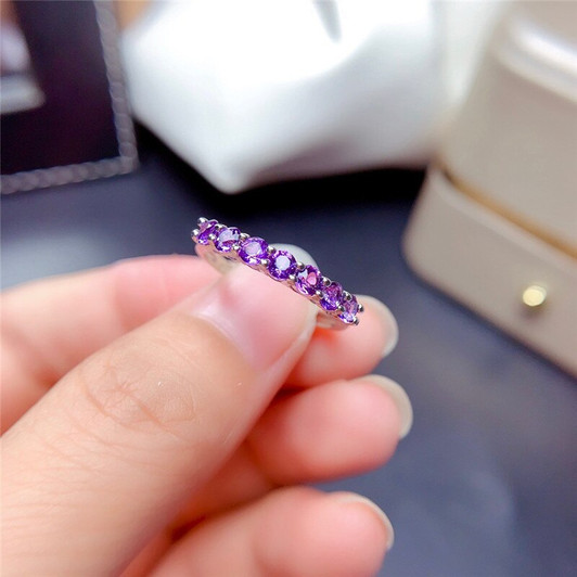Natural Amethyst Ring for Women Anniversary Gift 3MM 7Pieces Purple Gemstones Fine Jewelry Band Rings Real 925 Sterling Silver|Rings|