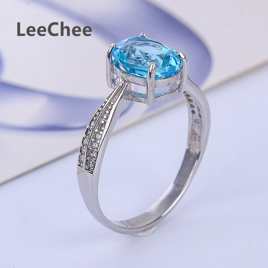 LeeChee Switzerland Blue Topaz ring fine jewelry oval gemstone for women birthday gift free ship real 925 Solid Sterling Silve|Rings|