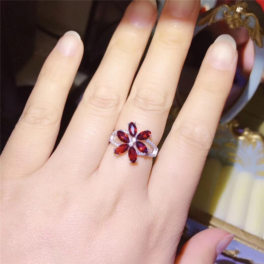 LeeChee natural garnet ring for women birthday gift 3*6mm 6 pieces wine red gemstone fine jewelry real 925 solid sterling silver|Rings|