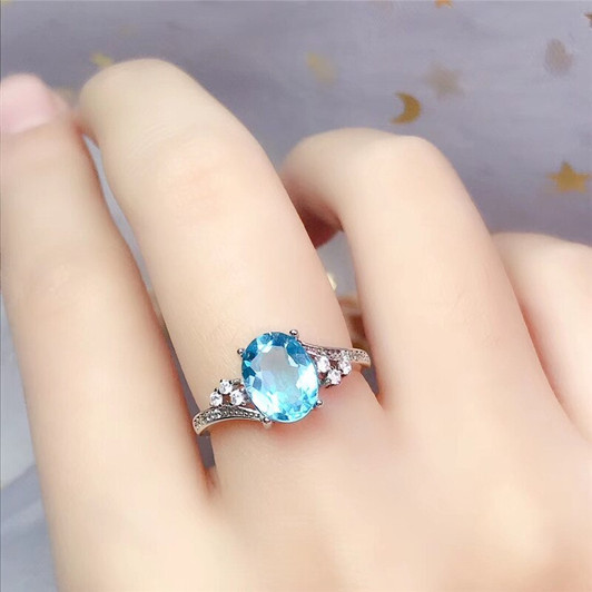 LeeChee Natural Blue Topaz Ring for Women Anniversary Gift 7*9mm Gemstones Fine Jewelry Real 925 Solid Sterling Silver|Rings|