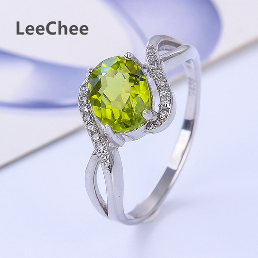 LeeChee Peridot ring for women 100% natural 6*8mm 1.5ct green gemstone jewelry birthday gift Real 925 Solid Sterling Silver|Rings|