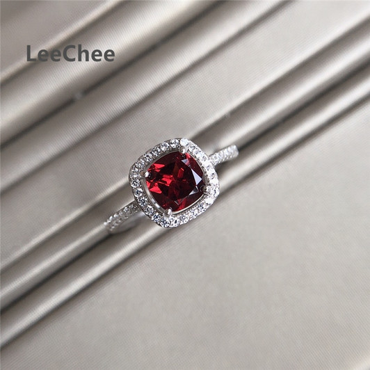 LeeChee 100% natural garnet ring 5mm wine red square gemstone jewelry for women party gift Real 925 Solid Sterling Silver|Rings|
