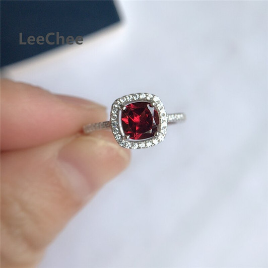 LeeChee 100% natural garnet ring 5mm wine red square gemstone jewelry for women party gift Real 925 Solid Sterling Silver|Rings|