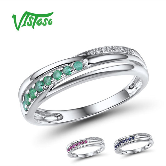 VISTOSO Genuine 14K White Gold Rings For Lady Shiny Diamond Fancy Emerald/Ruby/Sapphire Engagement Anniversary Chic Fine Jewelry|Rings|