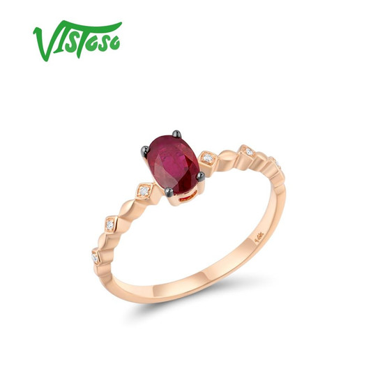 VISTOSO Genuine 14K 585 Rose Gold Fancy Ruby Shiny Diamond Ring For Lady Wedding Engagement Anniversary Party Gift Fine Jewelry|Rings|